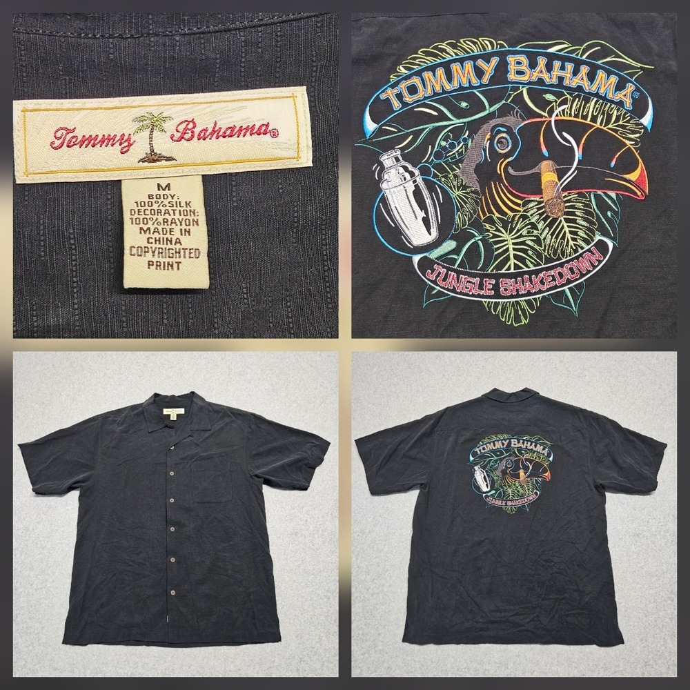Tommy Bahama Jungle Shakedown  Mens Medium Black Silk Shirt Hawaiian Cigar